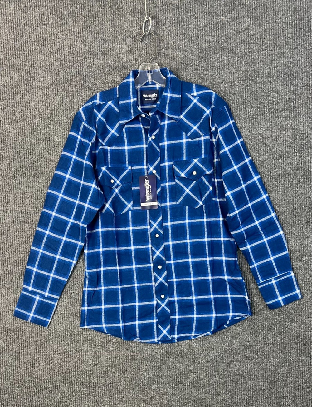 Wrangler Western Shirt Mens Medium Blue Plaid Flannel Long Sleeve Pearl Snap